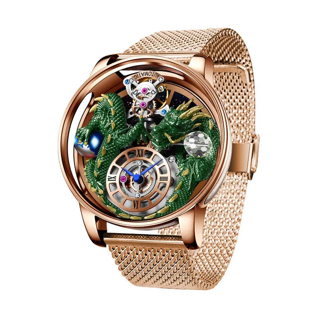 PINDU Design New 3D Dragon Earth Theme Quartz Watches Men Celestial Series Curved Mirror Transparent Design Watch Wristwatches - Sun Studio