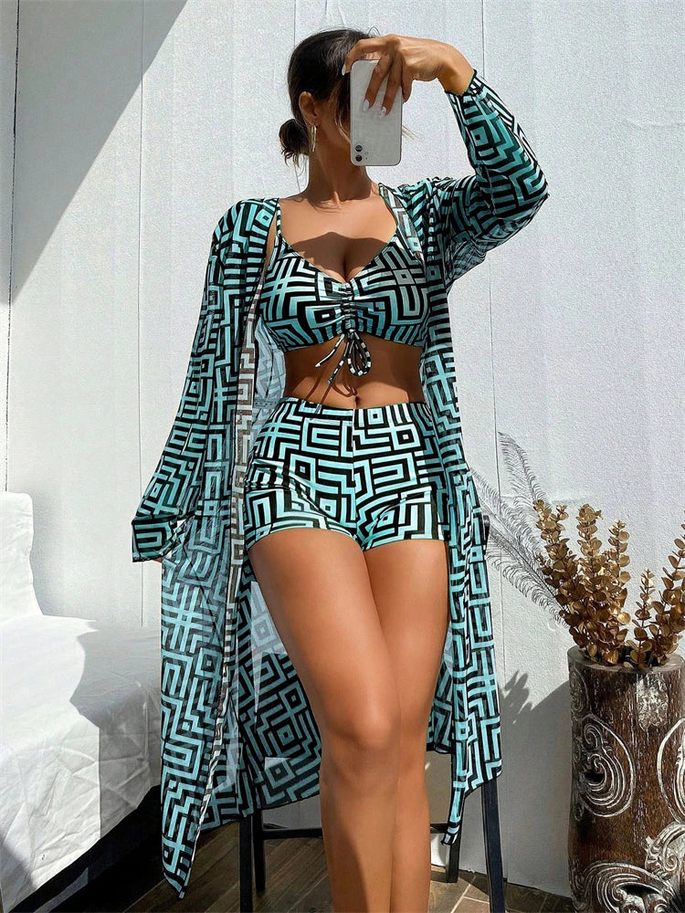 Bikini Women Swimsuit 2026 New Lattice Sling Bikinis Set Sexy Boxer Shorts Swimwear Summer Long Sleeve Beach Bathing Suit Female - Sun Studio
