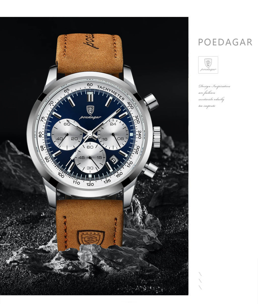 POEDAGAR Top Brand Men's Quartz Watch Waterproof Luminous Chronograph Military Man Watch Luxury Fashion Leather Watches For Men - Sun Studio