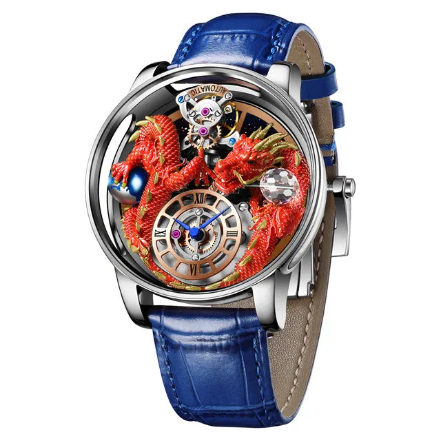 PINDU Design Neue 3D Drache Erde Thema Quarzuhren Herren Himmlische Serie Gebogenes Glas Transparentes Design Uhr Armbanduhren