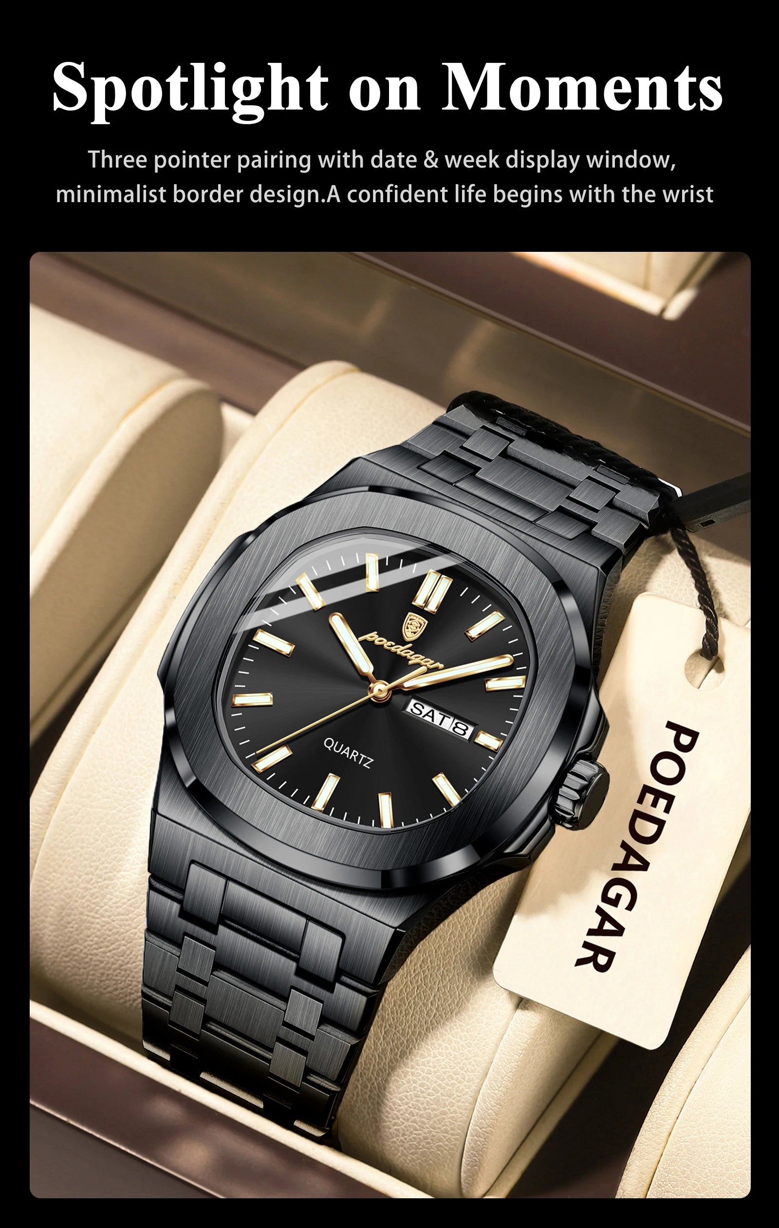 POEDAGAR Luxury Square Men's Watches Waterproof Luminous Date Week Men Watch Stainless Steel Fashion Quartz Man Wristwatch Reloj - Sun Studio