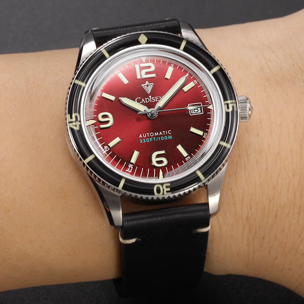 CADISEN 2026 Watch Men Mechanical Wristwatches MIYOTA 8215 Movement Genuine Leather Strap Waterproof Luminous Red Mens Watches - Sun Studio