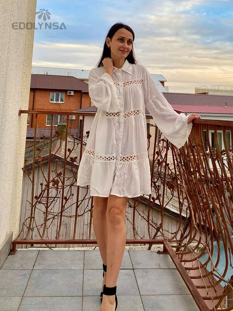 Women Summer Fashion Beach Tops Swimsuit Cover Up Summer Long Sleeve White Pocket Button Front Open Shirt Dress N648 - Sun Studio