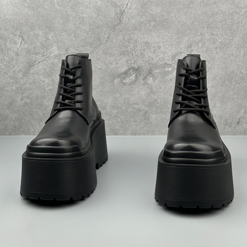 Men's Motorcycle Boots Platform Leather Luxury Height Increase 8cm Sneakers Lace Up Autumn Black Designer Shoes - Sun Studio