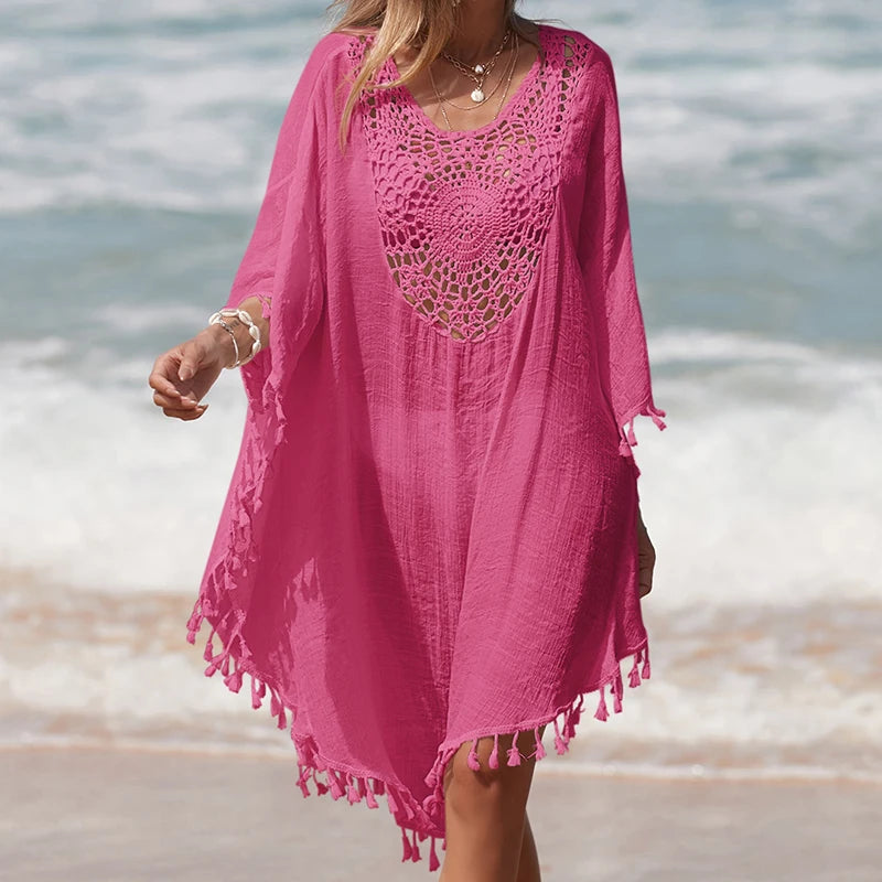 Women's Handmade Crochet Splicing Swimsuit Cover-Ups With Tassel Summer Holiday Beach Casual Loose Sunscreen Short Dress - Sun Studio