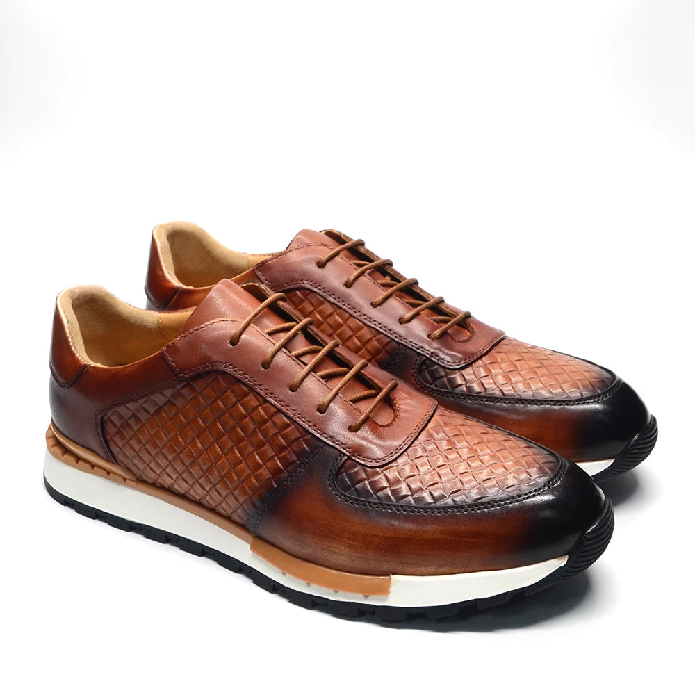 4 Colors Genuine Leather Man Luxury Sneakers Plaid Weave Pattern Lace-up Men Casual White Oxford Shoes Deals Spring Autumn 2024 - Sun Studio