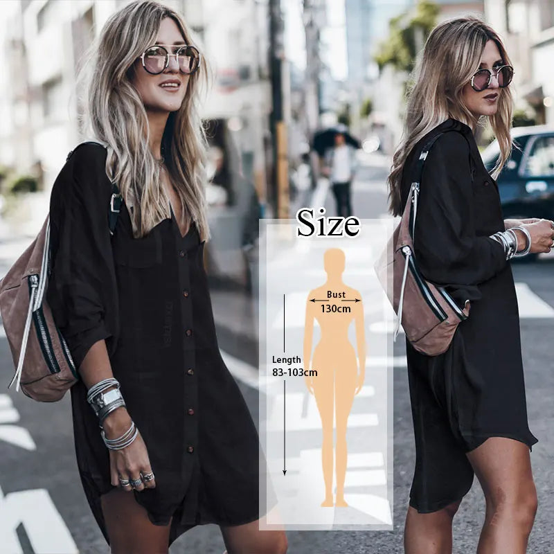 Women Summer Fashion Beach Tops Swimsuit Cover Up Summer Long Sleeve White Pocket Button Front Open Shirt Dress N648 - Sun Studio