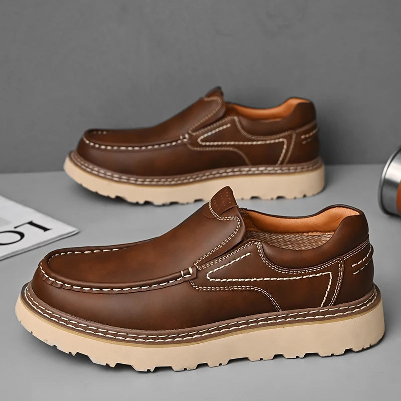 Trendy New Style Men's Genuine Leather Shoes Thick Soled Tooling Shoes Men's Oxford Shoes Lace Up Business Shoes Outdoor Loafers - Sun Studio