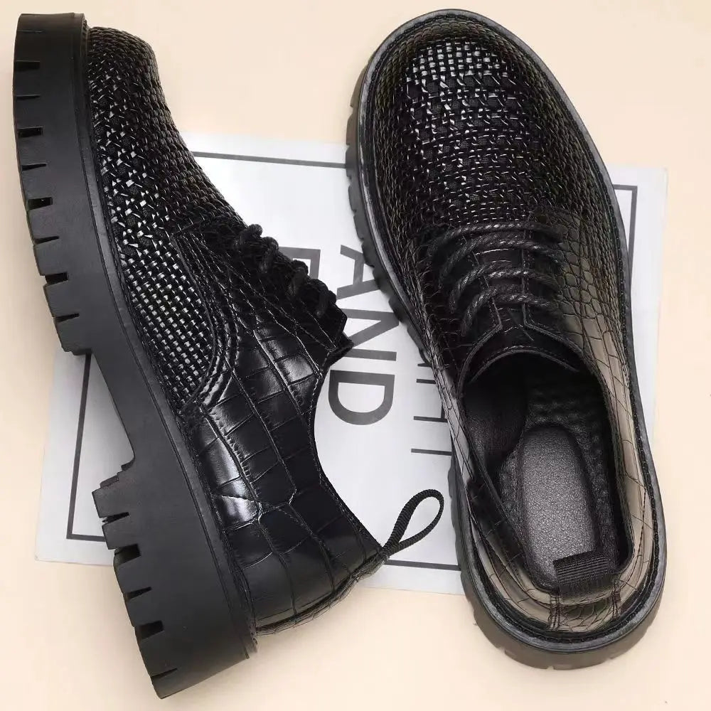 Spring leather woven leather wear-resistant thick-soled heightening casual men's first-layer cowhide breathable hollow shoes - Sun Studio