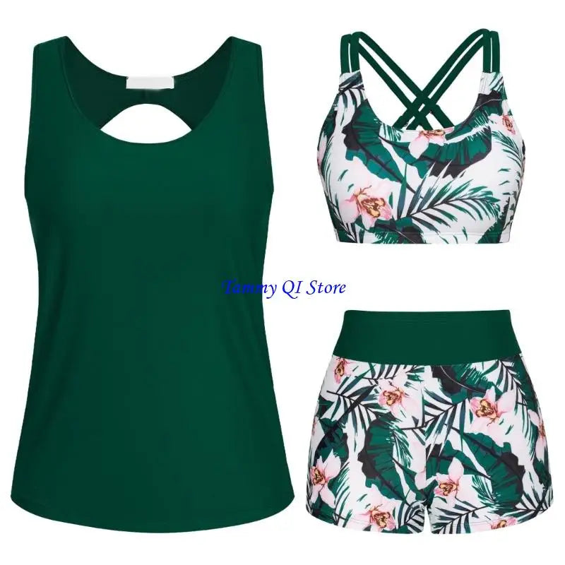 F1FD Women Flowers Print Bathing Suit 3 Pcs Split Swimwear Tankini Swimsuit Swimming Costume Set Ladies Sports Swimwear - Sun Studio