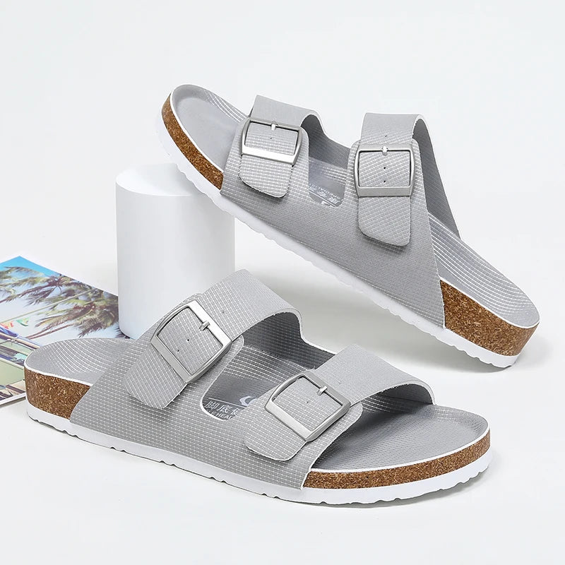 Summer Men Cork Slippers Slides Clogs Casual Slip On Sandals Double Buckle Women Microfiber Leather Unisex Big Size 47 48 49 - Sun Studio