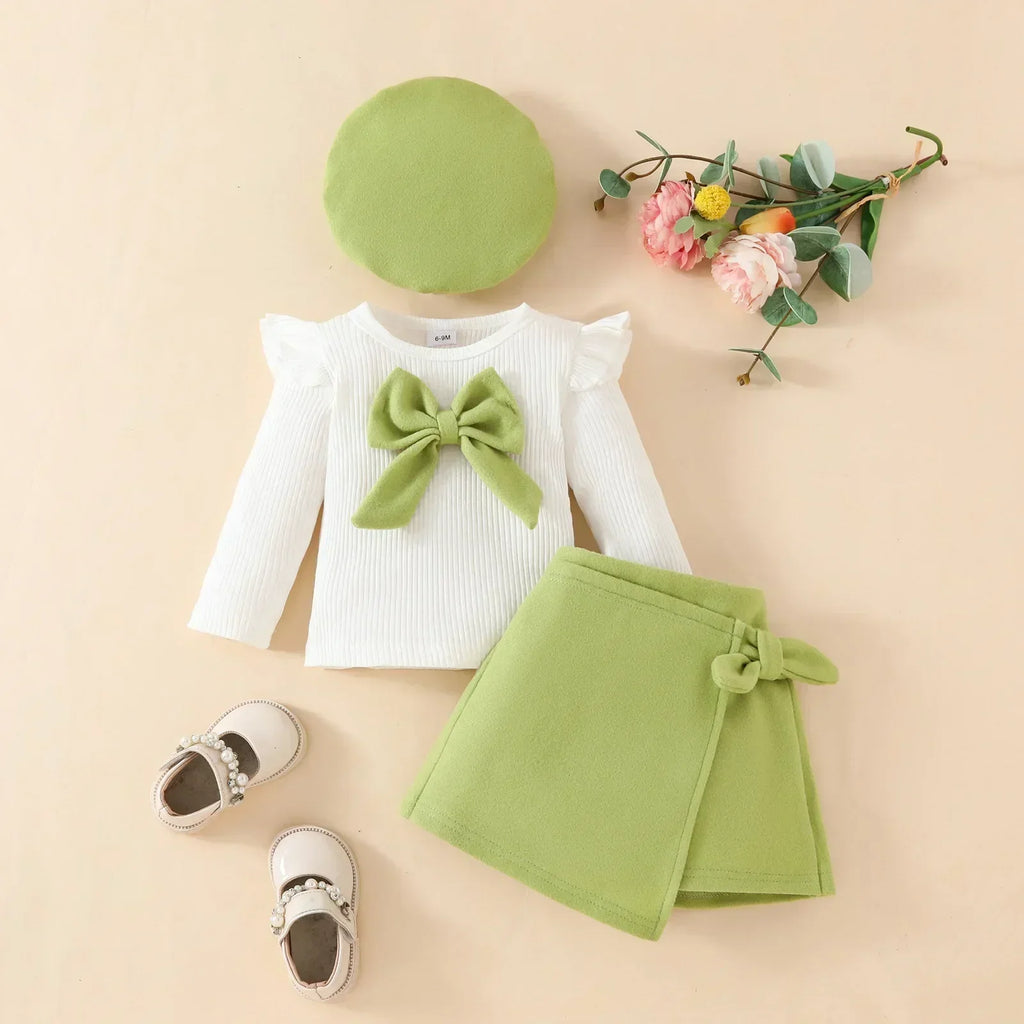Baby Girls Clothes New Year Set 0-3Y Long Sleeve Big Bow Top Irregular Skirt and Beret 3Pcs Toddler Christmas Clothes - Sun Studio