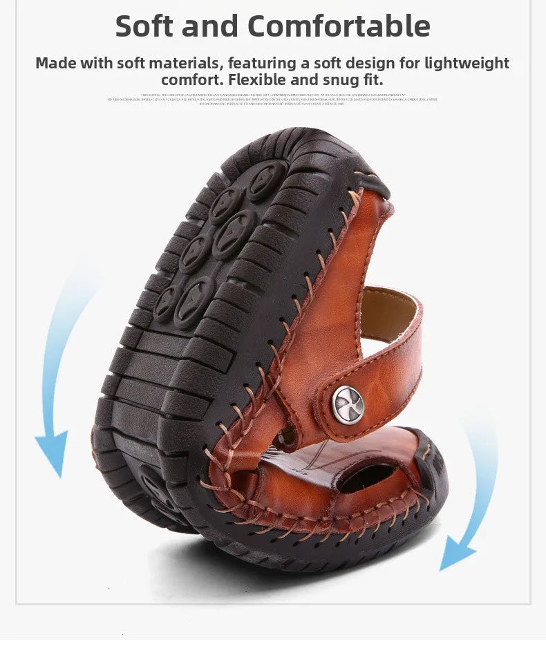 Large Size Men's Sandals Casual Leather Beach Shoes Breathable Slip-On Durable Stitched Construction Comfortable Walking Sandals - Sun Studio
