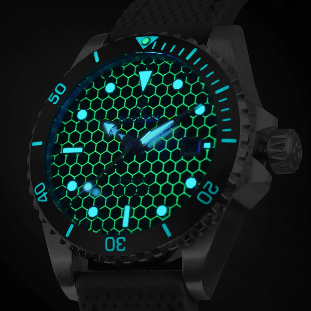 BODERRY Mens Automatic Watches Military Watch Mechanical Wristwatch Titanium Diver 100m Waterproof Sapphire C3 Luminous Sport - Sun Studio