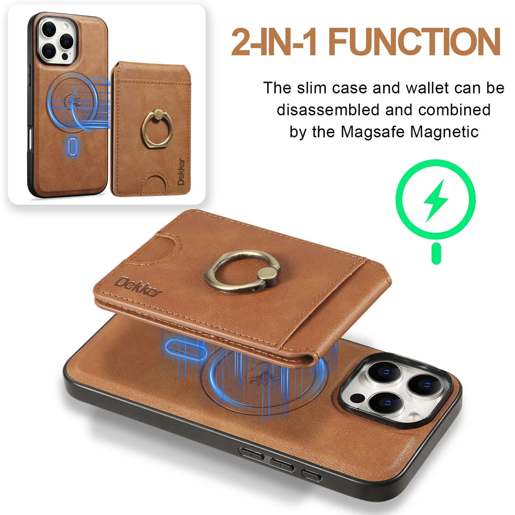 2 in 1 Detachable Vertical Cards Solt Ring Holder Wallet Leather Case For iPhone 16 Pro Max 15 Plus 14 13 12 Magnetic Bag Cover - Sun Studio