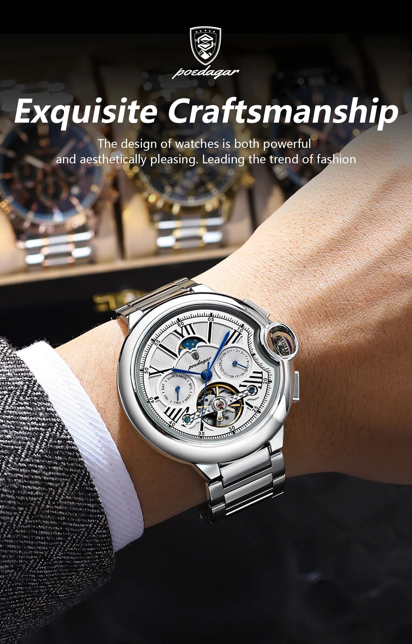 POEDAGAR Luxury Male Watch Business Date Week Stainless Steel Tourbillon Men Clock Waterproof Automatic Mechanical Men's Watches - Sun Studio