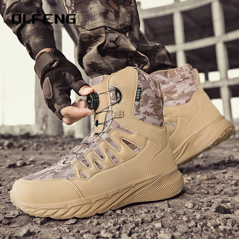 Large Outdoor Training Boots Men's Mountaineering Hiking Boots High Top Rotating Buckle Fashion Camouflage Sports Shoes - Sun Studio