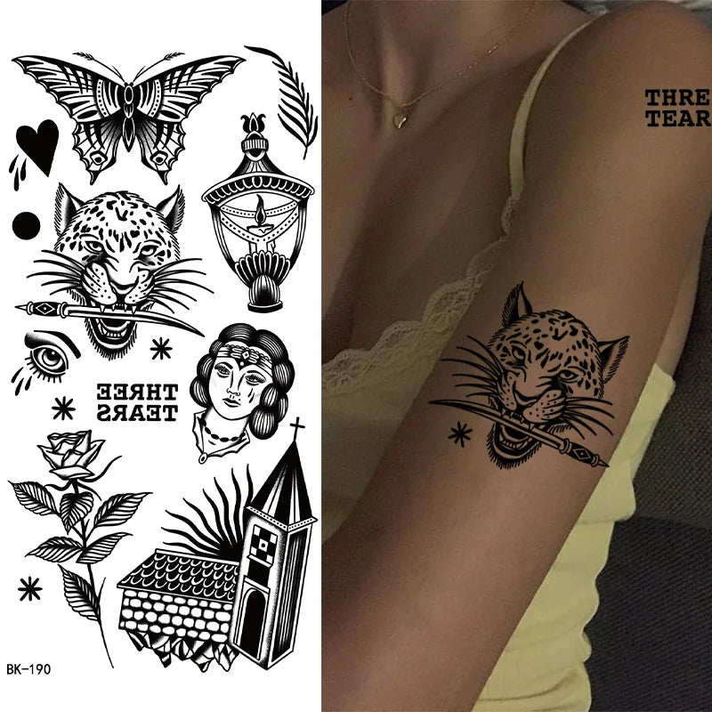 Schwarz Weiß Temporäre Transfer Tattoos Florale Schmetterlinge Schriftzüge Linienkunst Wasserfeste Körperaufkleber für Musikfestival Party