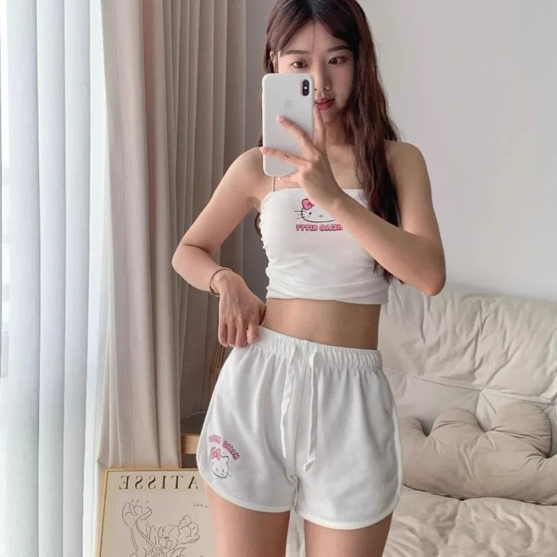 Kawaii Hello Kitty Cartoon Beach Swimsuit Sanrio Women Vest Shorts Suit Pajamas Homewear Casual Underwear Home Clothes Girl Gift - Sun Studio