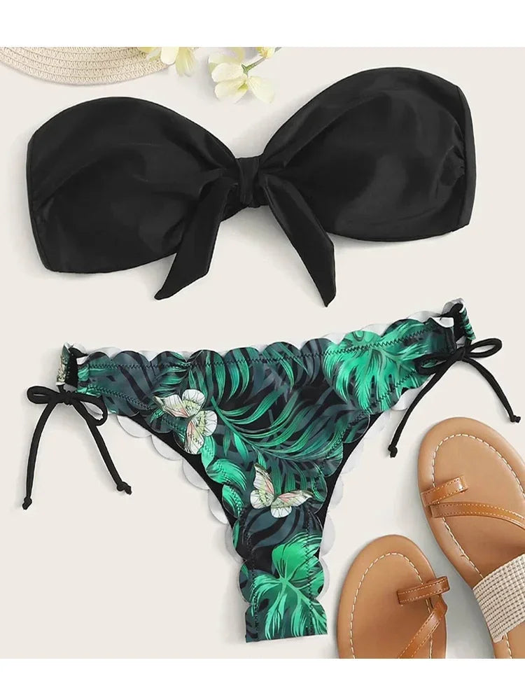 Sexy Scalloped Marble Print Bikini Women Bandeau Swimwear Female Swimsuit Two-pieces Bikini set Knotted Bather Bathing Suit Swim - Sun Studio