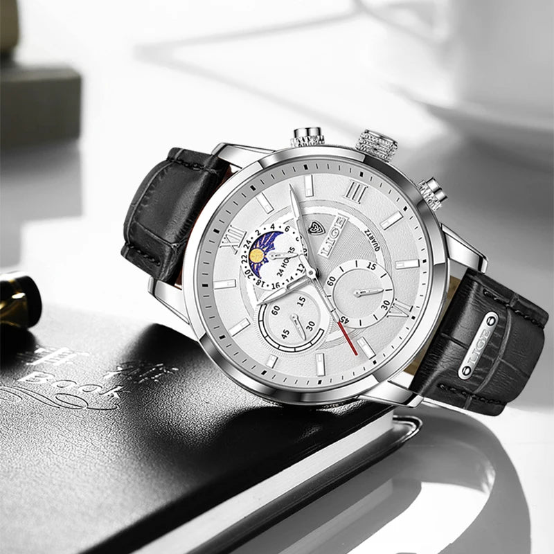 LIGE 2024 Brand New Men's Watches Leather Chronograph Waterproof Sports Automatic Date Quartz Watches for Men Relogio Masculino - Sun Studio