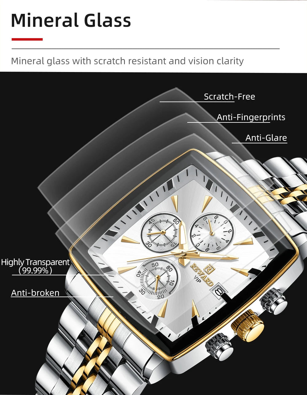 REWARD Fashion Square Dial Watch for Men Stainless Steel Waterproof Quartz Chronograph Mens Watches Luxury Sport Male Clock - Sun Studio