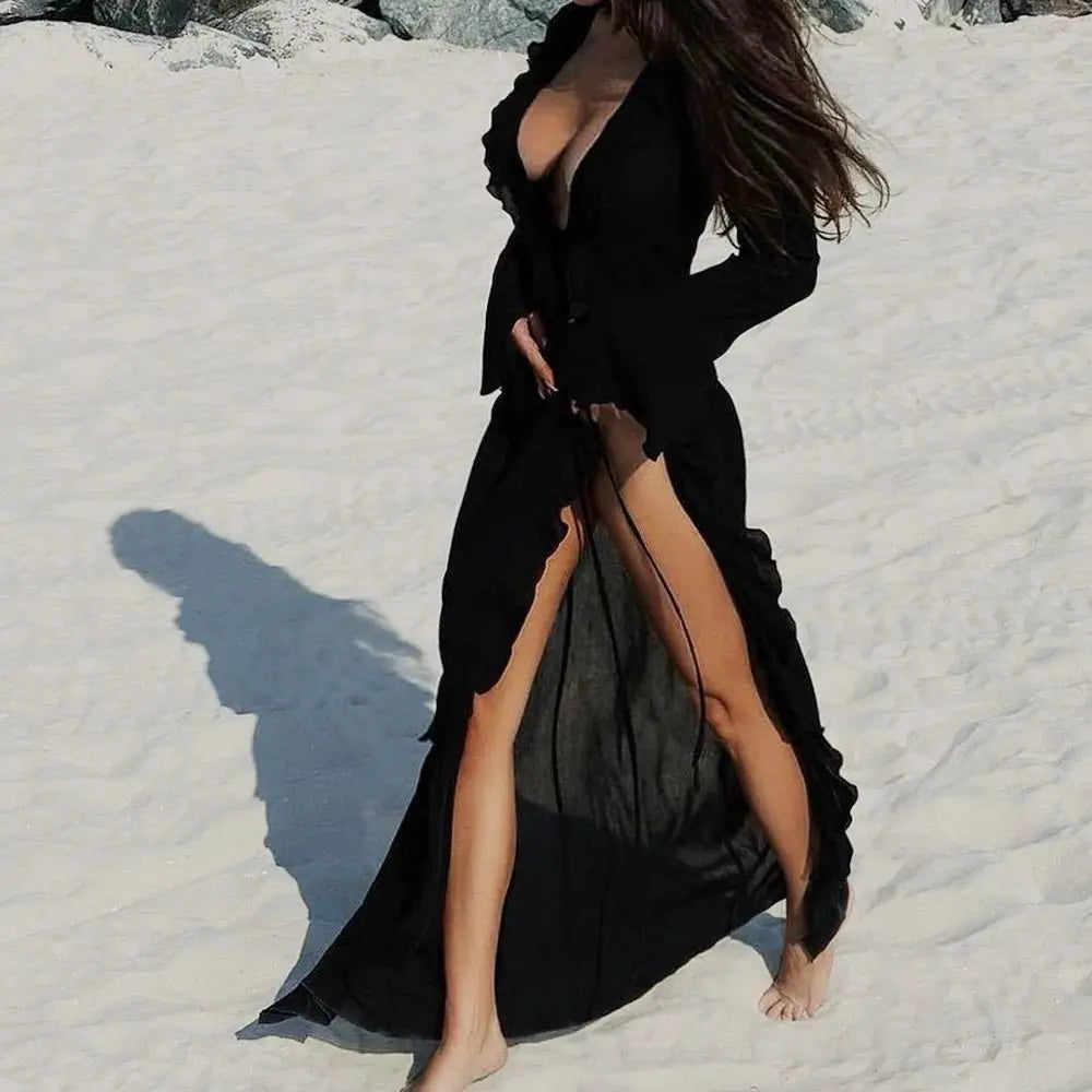 V Neck Summer Beach Cover Up Long Sleeve Ruffled Bikini Sunscreen Smock Vacation Casual Swimsuit Cover Up Dress for Women - Sun Studio
