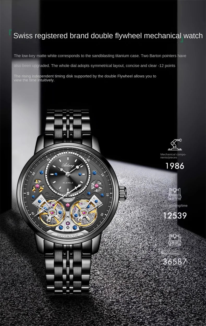 AILANG Brand New Luxury Double Tourbillon Watch for Men Stainless Steel Strap Waterproof Fashion Mechanical Watches Mens - Sun Studio