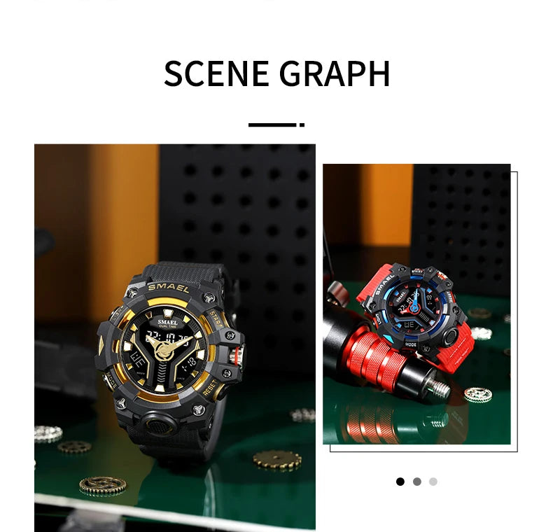 New SMAEL Sport Watch for Man Dual Time Watch for Men Shock Resistant Led Light Watch Military 8075 Quality Mens Sports Watches - Sun Studio