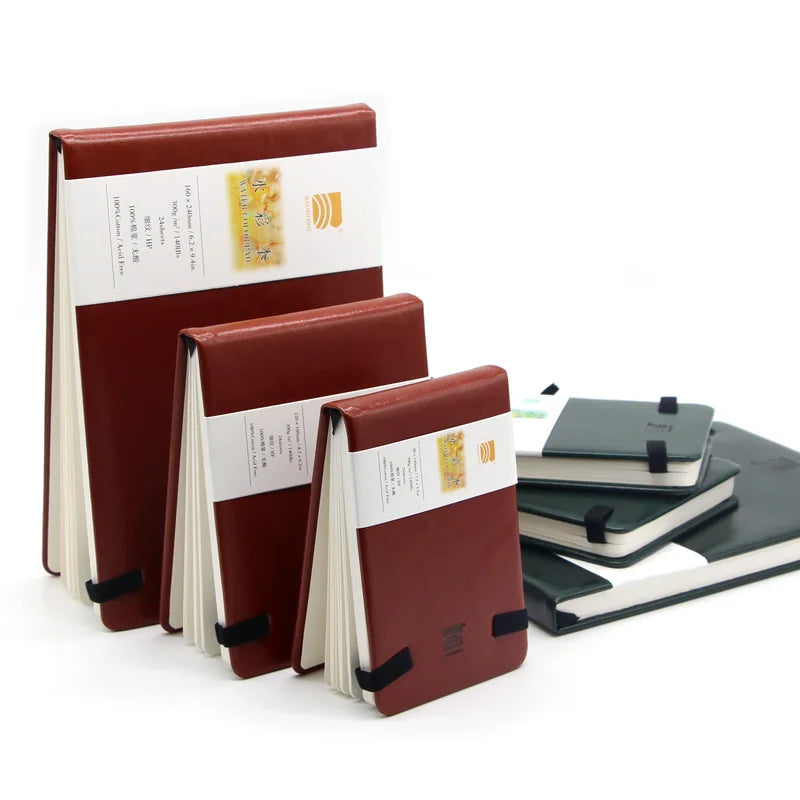 Baohong 24 Sheets Watercolor Travel book Leather Linen-Bound Cotton Paper Sketch Pads 300g Acid Free for On-the-Go Art Drawing - Sun Studio