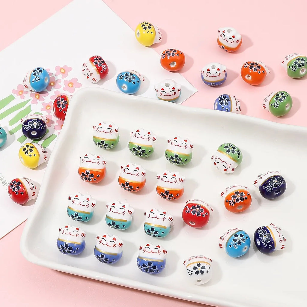 10Pcs 13X14MM Chinese Cute Animal Lucky Cat Vertical Hole Ceramic Beads For Home Decor DIY Accessories Hand-knitted Bracelet - Sun Studio