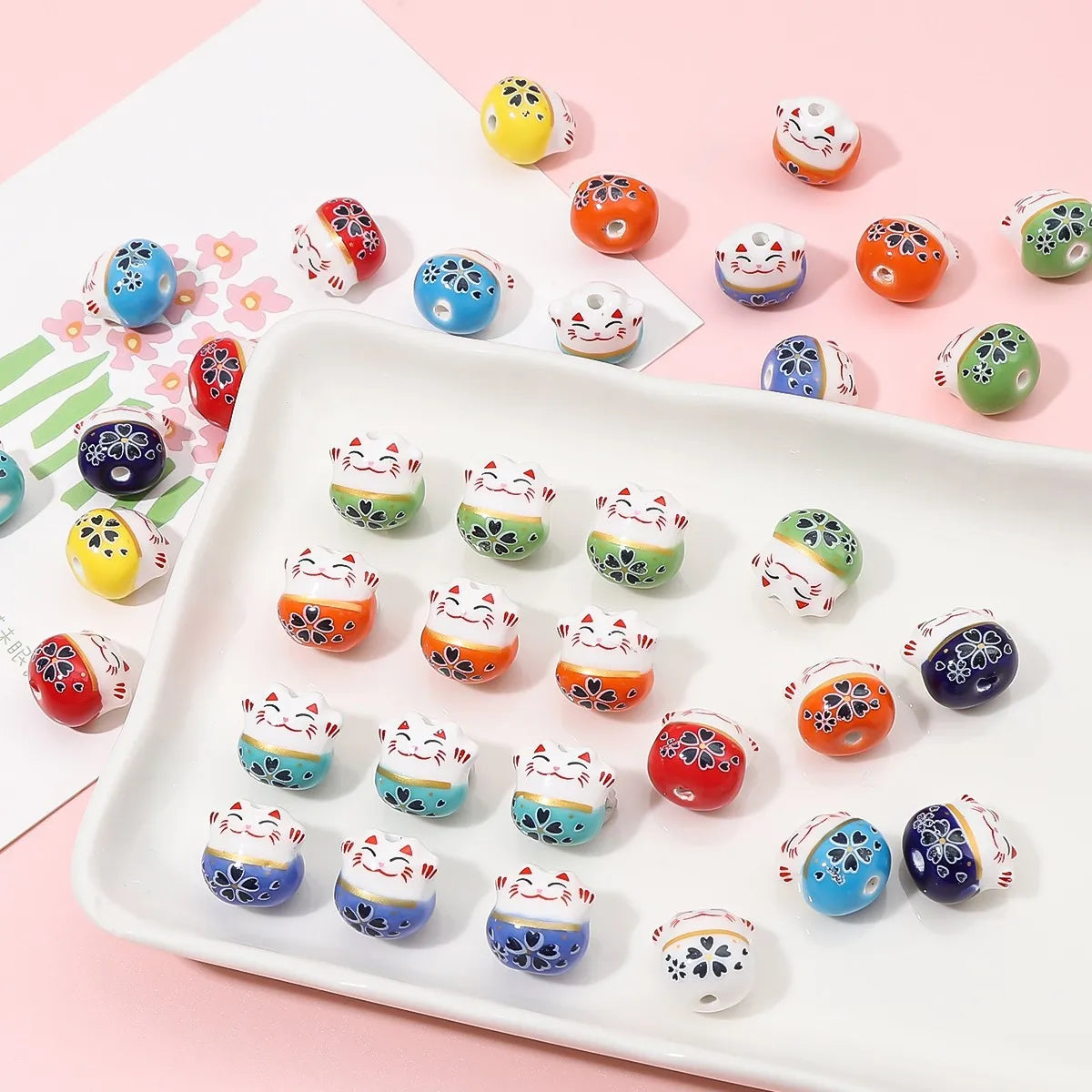 10Pcs 13X14MM Chinese Cute Animal Lucky Cat Vertical Hole Ceramic Beads For Home Decor DIY Accessories Hand-knitted Bracelet - Sun Studio