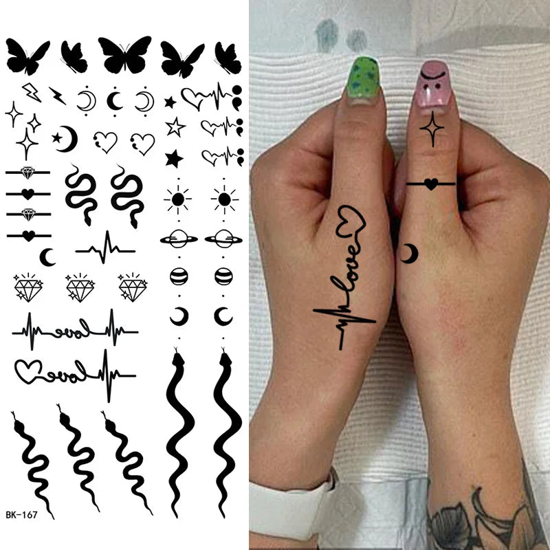 Schwarz Weiß Temporäre Transfer Tattoos Florale Schmetterlinge Schriftzüge Linienkunst Wasserfeste Körperaufkleber für Musikfestival Party