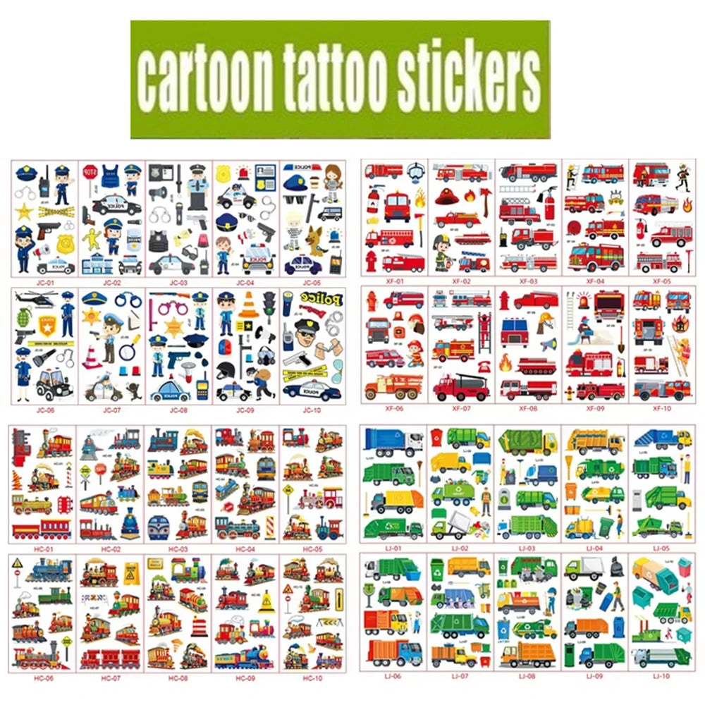 10pcs Cartoon Fire Truck Garbage Truck Temporary Tattoos Sticker Police Tattoos For Girls Boys Birthday Party Supplies Stickers - Sun Studio
