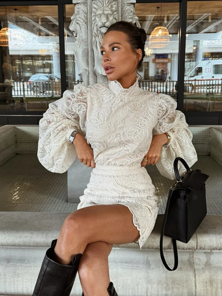 White Lace Dresses Elegant Solid Flared Sleeve High Neck Slim Pleat Mini Women Dress 2026 New Fashion Club Evening  Party Robes - Sun Studio