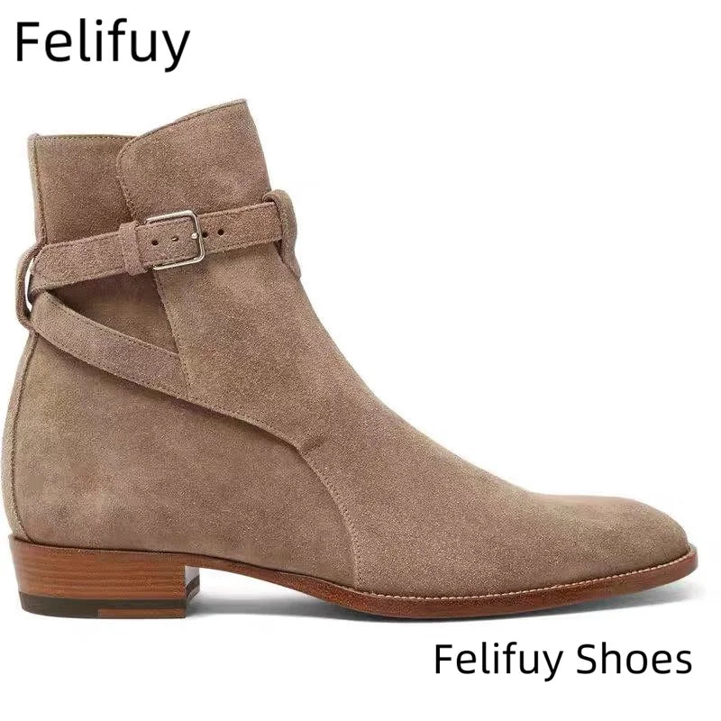 Black Pointed Toe Buckle Strap Ankle Boots Grey Men Hombre Genuine Leather Men Motorcycle Boots For Men Work High Top Men Shoes - Sun Studio