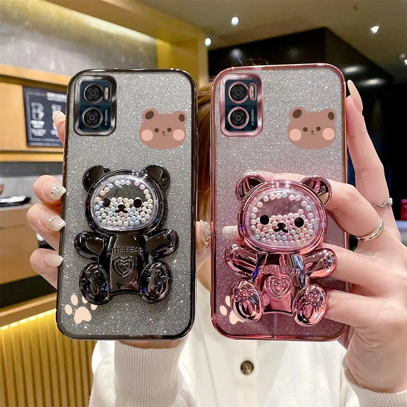 E 7 E 13 Glitter Bling Bear Phone Holder Case On For Motorola Moto E7 Plus Power E13 E20 E22 E22i E32 EDGE 20 30 Stand Cover - Sun Studio