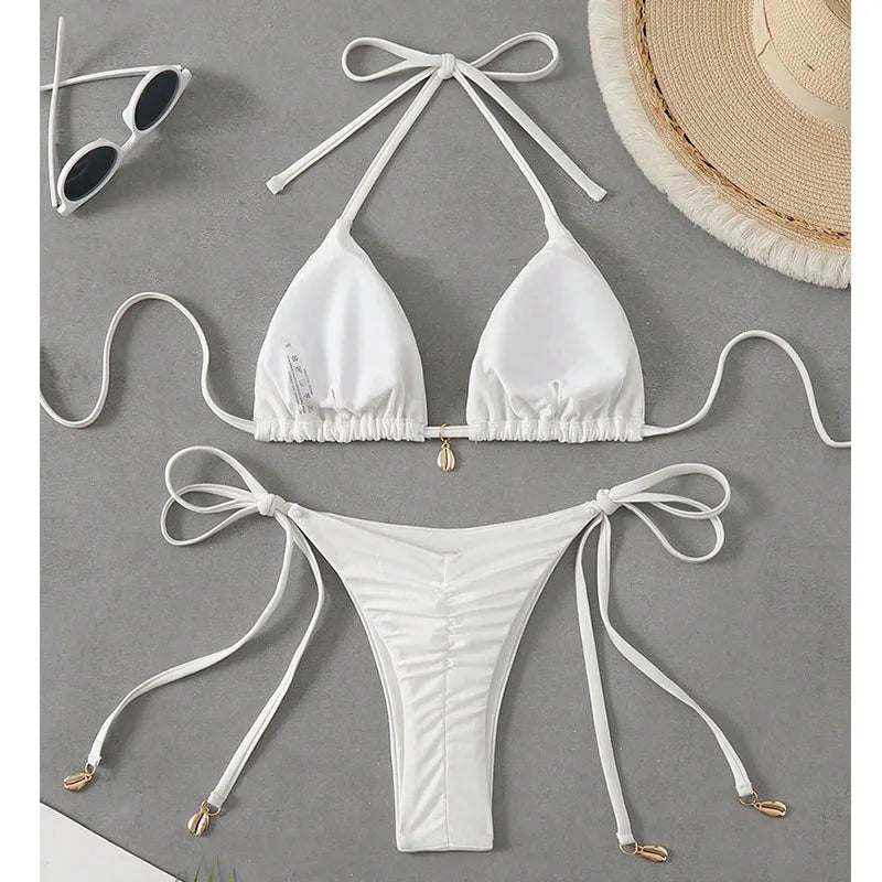 2 Pcs/Set Bikini Set Sexy Bikinis 2025 Bathing Suit Solid Color Halter Neck Strap Thong Women Swimsuit Set for Beach Swimwear - Sun Studio