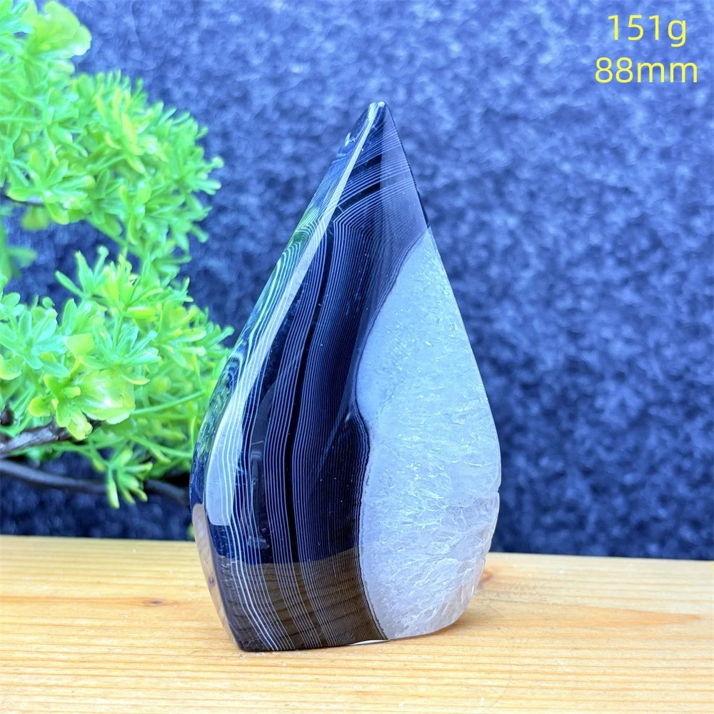 Natural Gemstone Black Onyx Stripes Free Form Torch Reiki Healing Shape Meditation Home Decor Feng Shui Warning Evil - Sun Studio