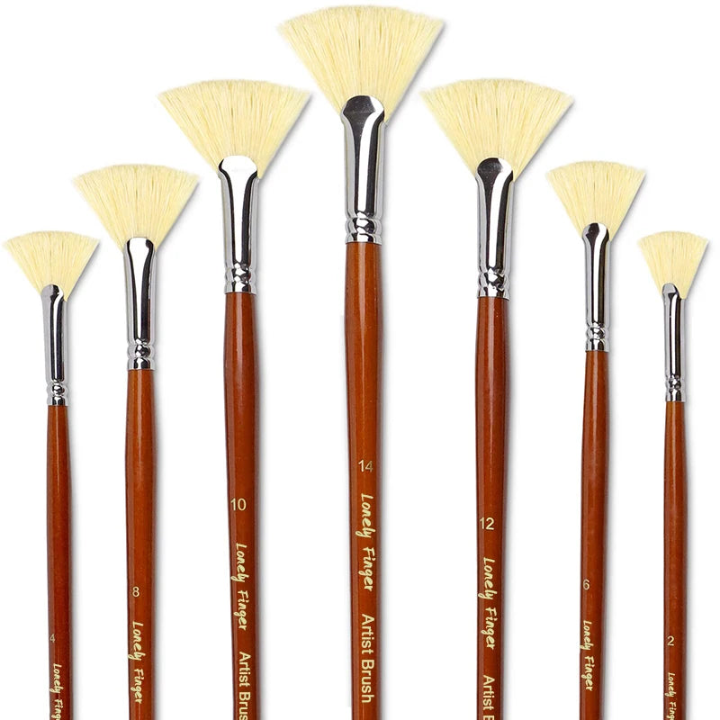 7/14pcs Fan Artist Bristle Paint Brush Set Natural Hog Bristle Hair Anti-Shedding Brush Tips Long Wooden Handle For Acrylic - Sun Studio