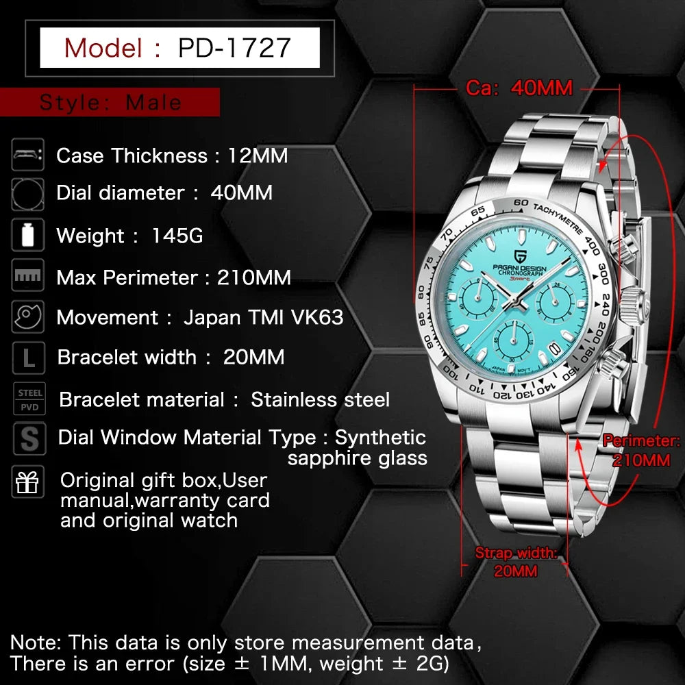 PAGANI DESIGN New Ceramic Bezel Men Quartz Wristwatches Luxurys Sapphire Glass Chronograph 100m Waterproof Stainless Watches Men - Sun Studio