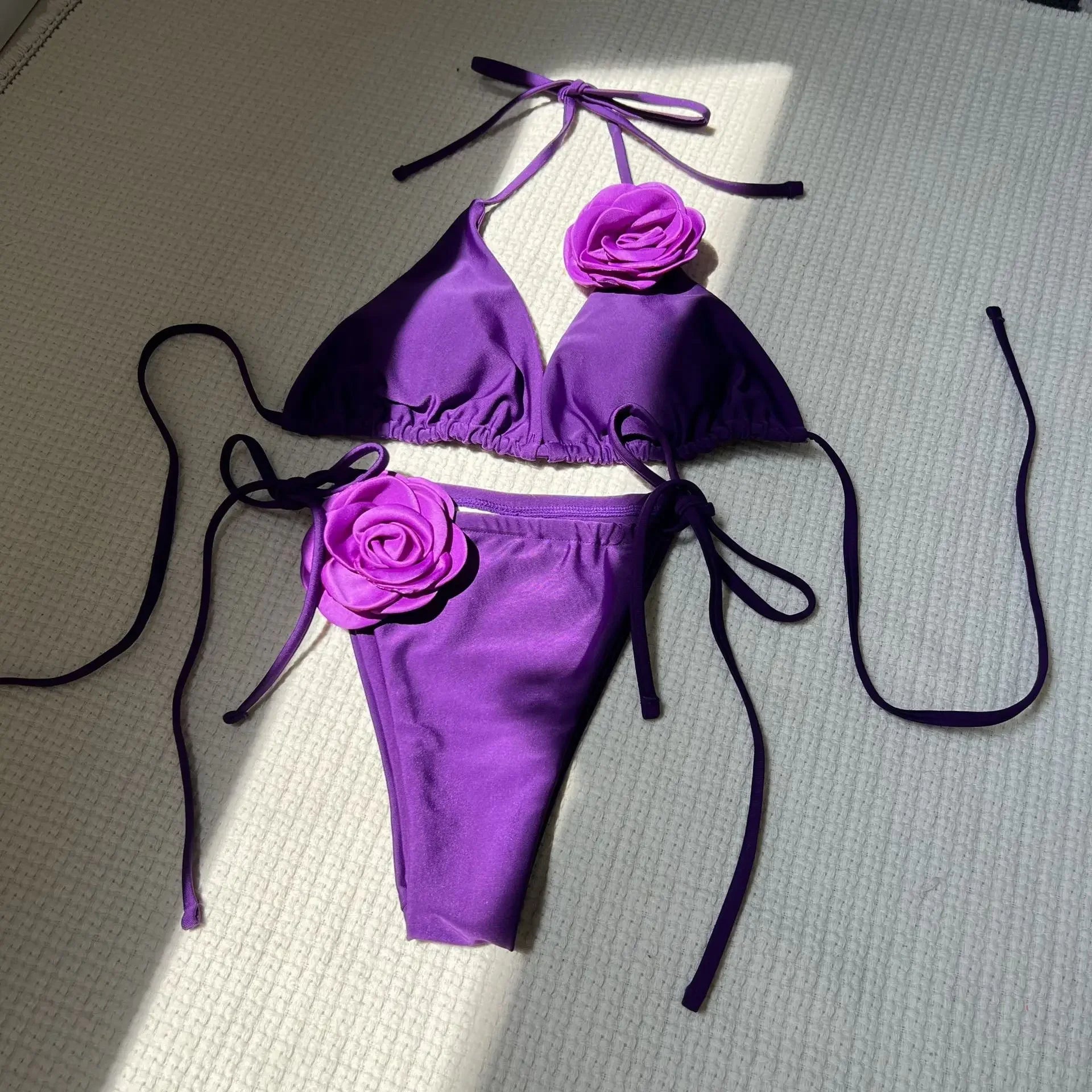 Sexy 3D Flower Black Triangle Bikinis Sets Micro Thong Swimsuit Women String Halter Bathing Suit Bikini 2025 Mujer Biquinis Swim - Sun Studio