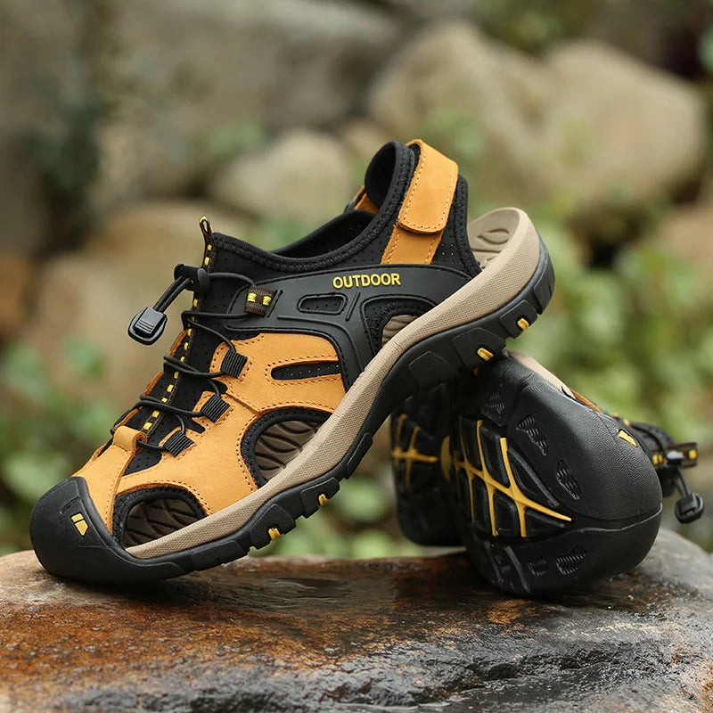 Men's Sandals Top Cowhide Upper Hollow Out Round Toe Outdoor Beach Walking Non Slip Durable Summer Beach Shoes Adjustable Buckle - Sun Studio
