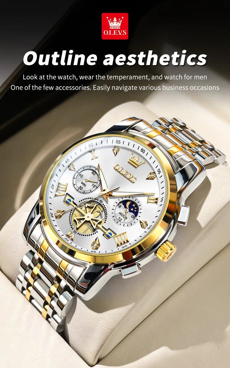 OLEVS Men's Watches Classic Multifunctional Flywheel Design Stainless steel Waterproof Moon Phase Men's Wristwatches 2024 Trend - Sun Studio