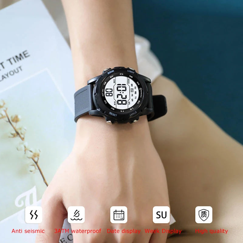 Children Men's Electronic Watch Youth Student Sports Wristwatch Waterproof Alarm Clock Big Dial Digital Multifunction Watches - Sun Studio