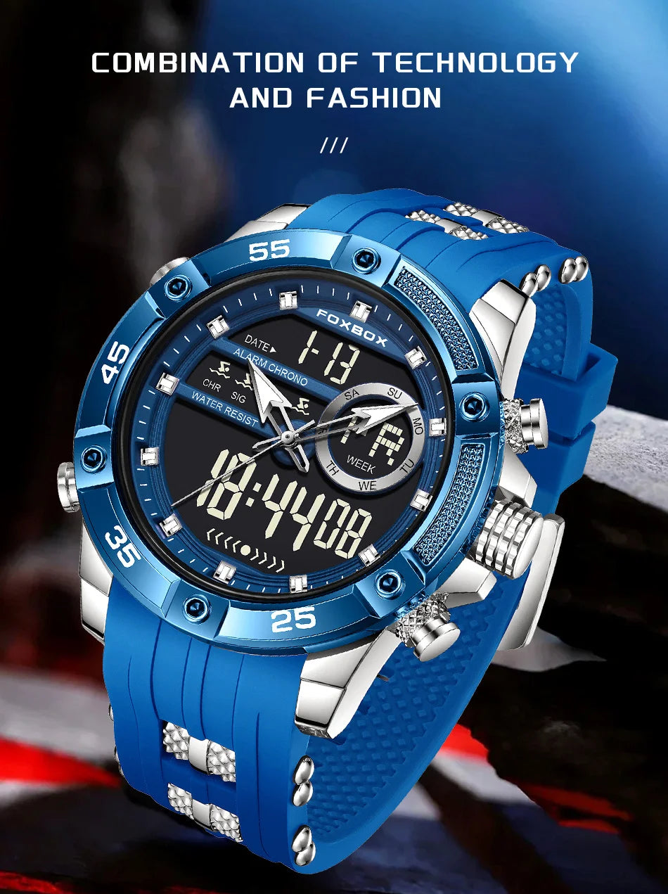 FOXBOX LED Dual Display Quartz Watch Soft Silicone Waterproof Luminous Digital Date Mens Watches Fashion Chronograph Man Watch - Sun Studio