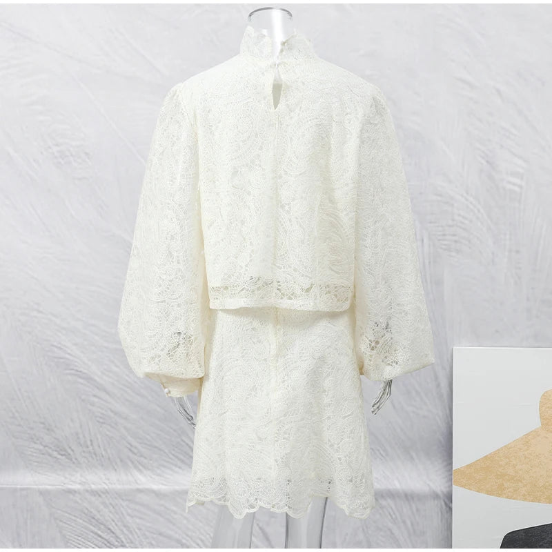 White Lace Dresses Elegant Solid Flared Sleeve High Neck Slim Pleat Mini Women Dress 2026 New Fashion Club Evening  Party Robes - Sun Studio