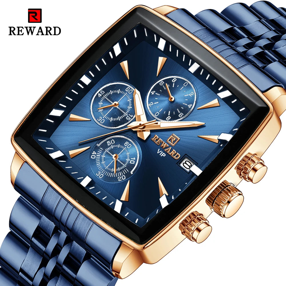 REWARD Fashion Square Dial Watch for Men Stainless Steel Waterproof Quartz Chronograph Mens Watches Luxury Sport Male Clock - Sun Studio