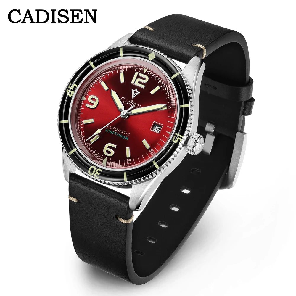 CADISEN 2026 Watch Men Mechanical Wristwatches MIYOTA 8215 Movement Genuine Leather Strap Waterproof Luminous Red Mens Watches - Sun Studio
