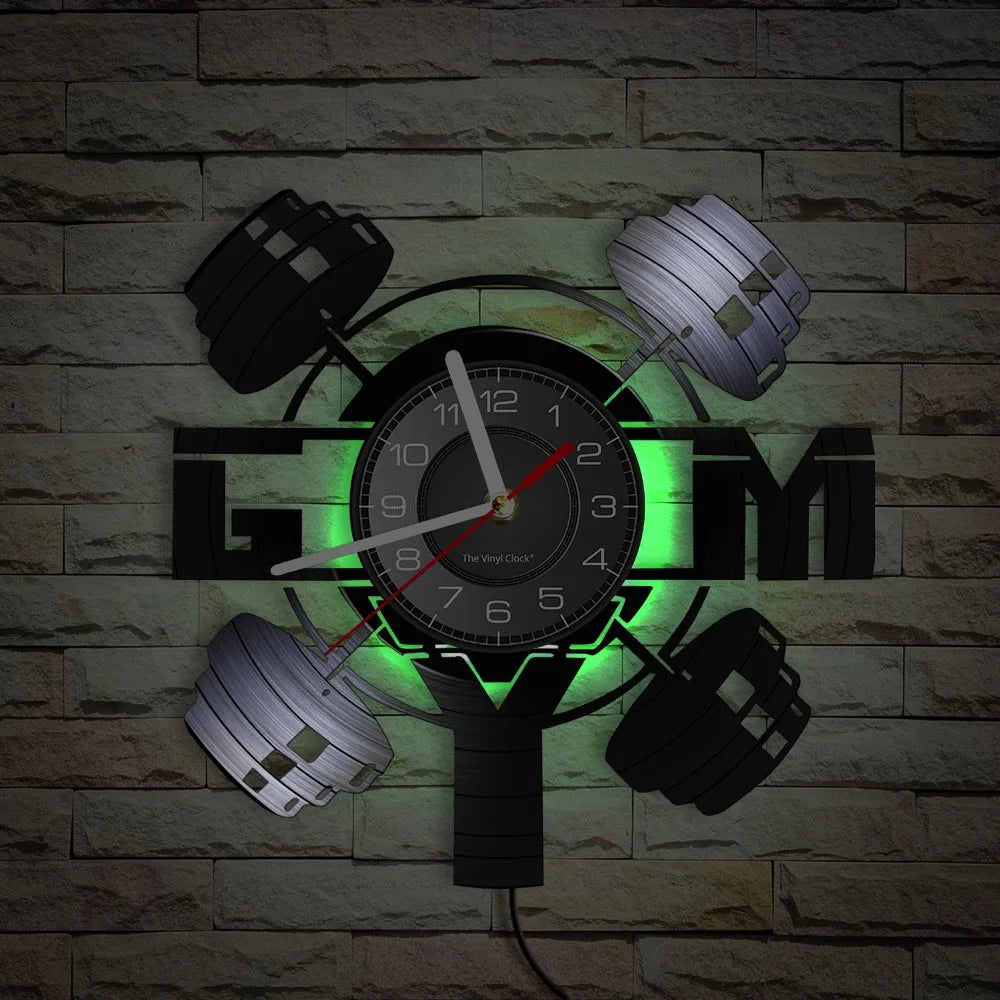 Fitness Equipment Thema Vinyl Schallplatte Fitness Wanduhr Heimdekoration LED Hintergrundbeleuchtung Moderne Fitness Uhr